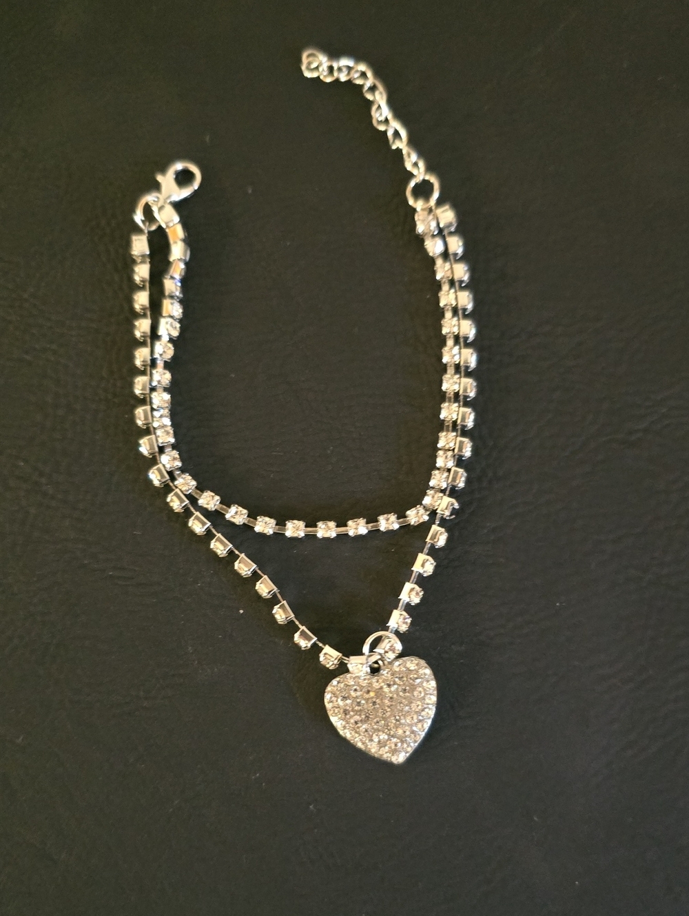 Silver Heart Paved Pendant Layered Bracelet